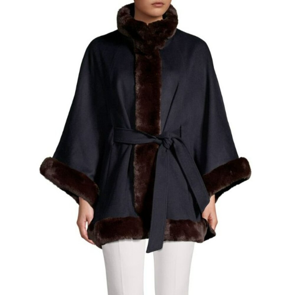 Ellen Tracy Fur Trimmed Wool Blend Cape Coat XL